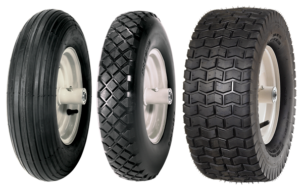 Ribbed, knobby flat-free, and turf tire options